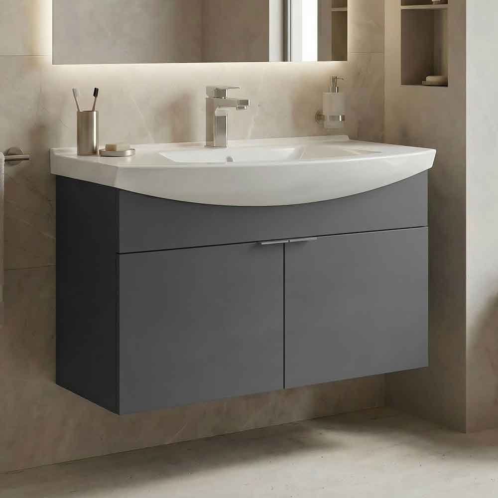 Purus 800mm Wooden Wall Mounted Vanity Unit & Basin in Matte Anthracite