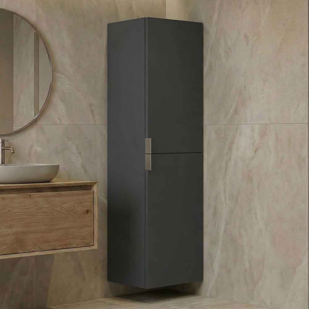 Purus Tall Wooden Wall Mounted Bathroom Storage Cabinet in Matte Anthracite