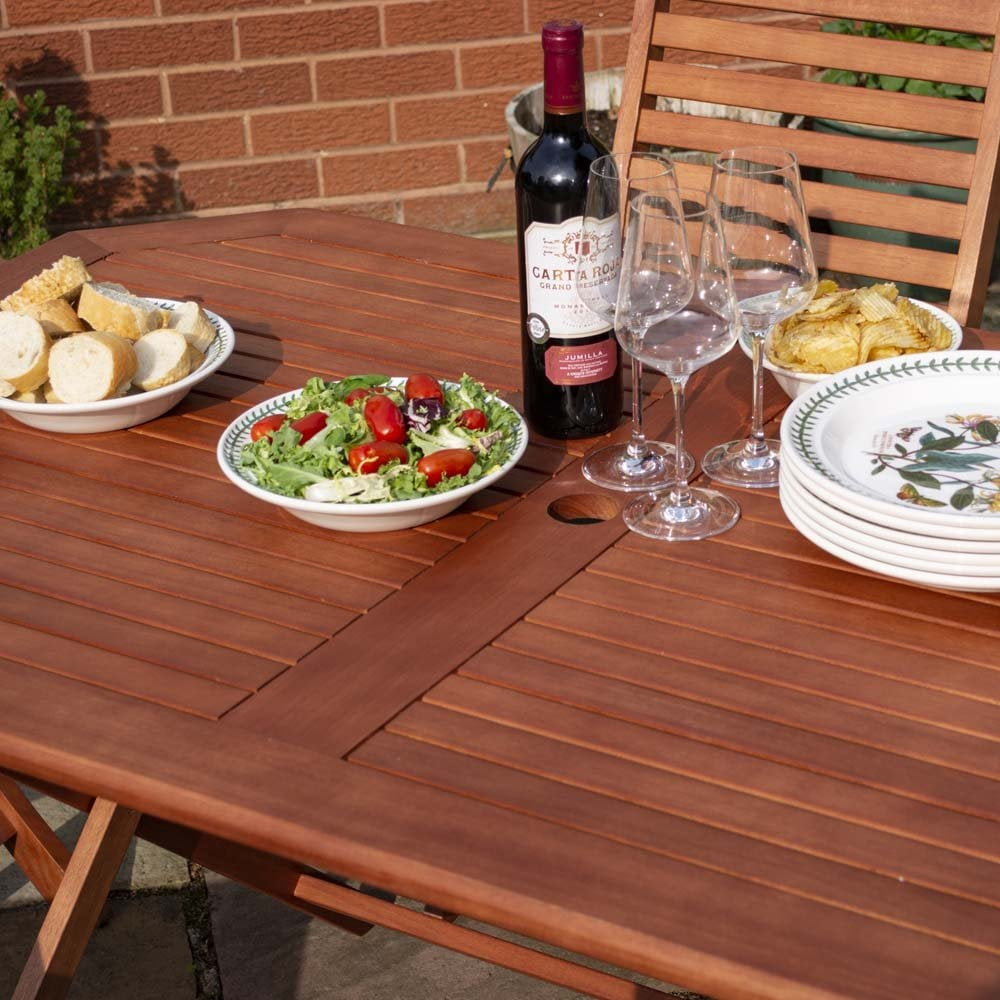 Putey Wooden Garden Dining Set With Green Cushions In Honey Brown
