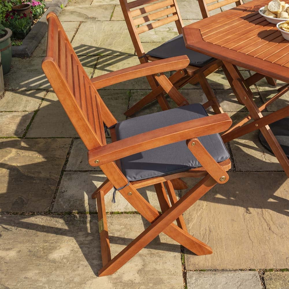 Putey Wooden Garden Dining Set With Grey Cushions In Honey Brown