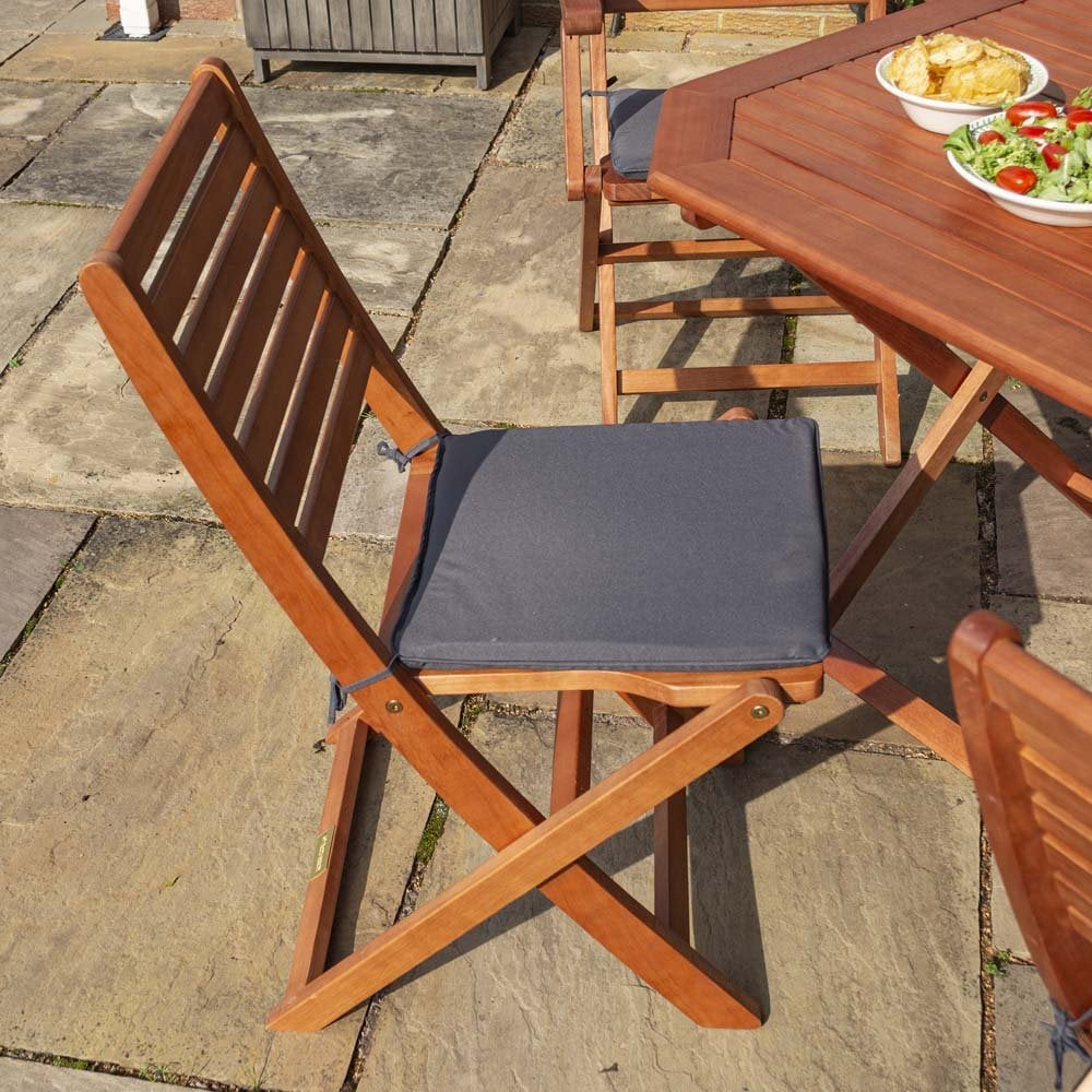 Putey Wooden Garden Dining Set With Grey Cushions In Honey Brown