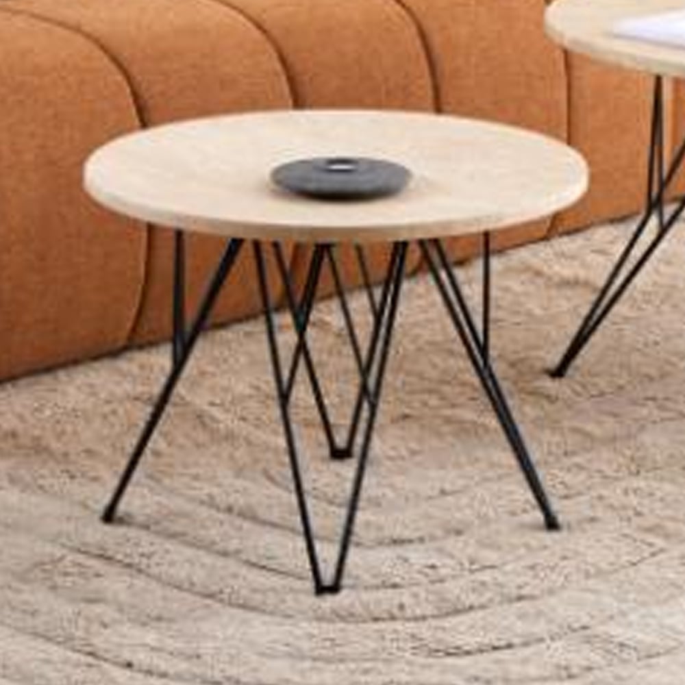 Putnam Wooden Side Table With Black Legs In Beige Travertine