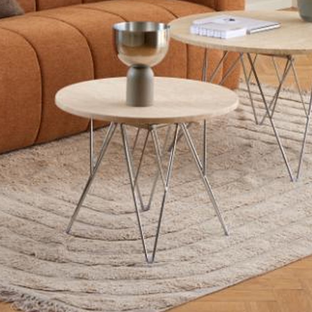 Putnam Wooden Side Table With Chrome Legs In Beige Travertine
