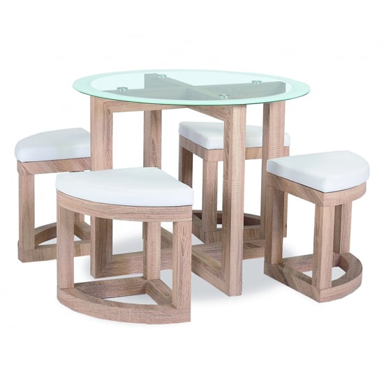 Qamra Glass Dining Table Set With 4 Stools In Beech Effect