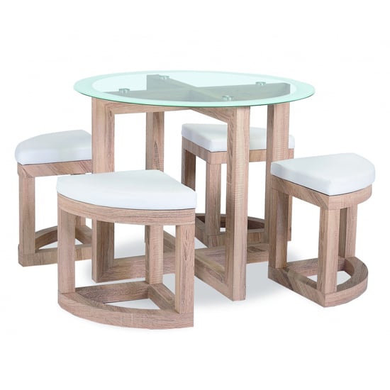 Read more about Qamra glass dining table set with 4 stools in beech effect