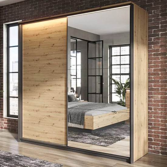 Read more about Qesso mirrored wardrobe 2 sliding doors in artisan oak with led
