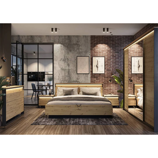 Qesso Wooden Ottoman Super King Size Bed In Artisan Oak And LED