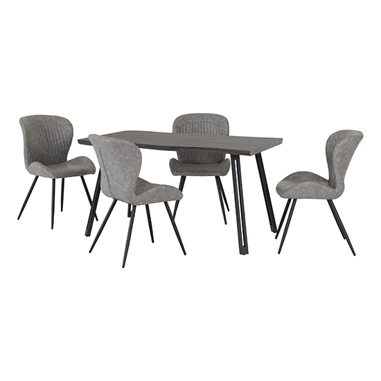 Qinson Black Wood Grain Wave Edge Dining Table 4 Grey Chairs