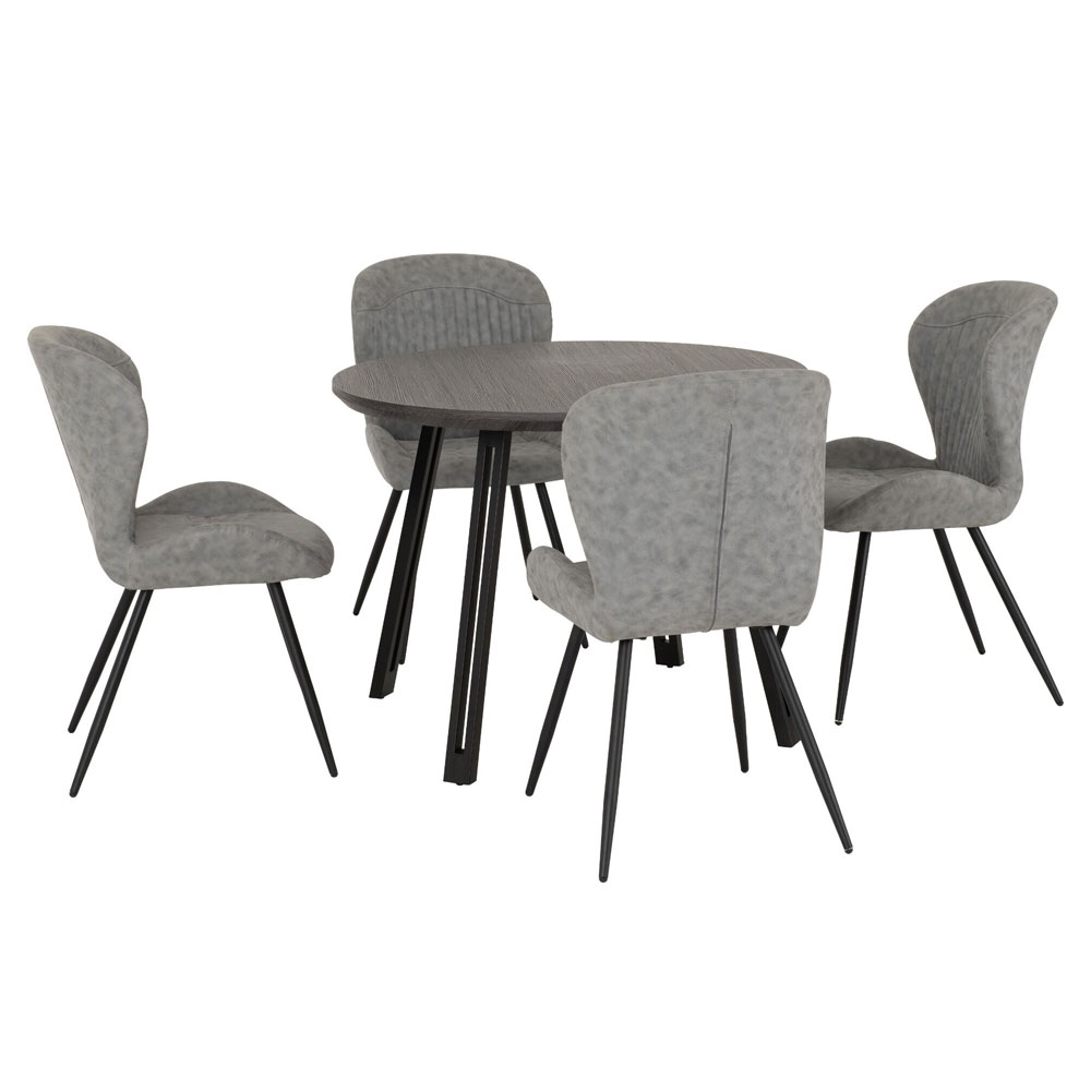 Qinson Round Black Wooden Dining Table with 4 Grey Faux Leather Chairs