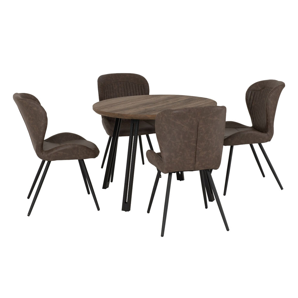 Qinson Round Medium Oak Wooden Dining Table with 4 Brown Faux Leather Chairs