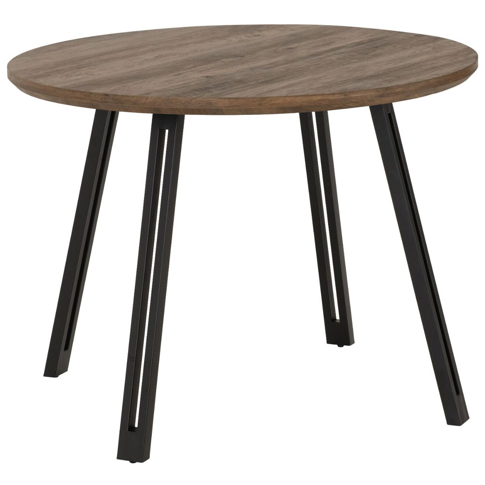 Qinson Round Medium Oak Wooden Dining Table with 4 Brown Faux Leather Chairs