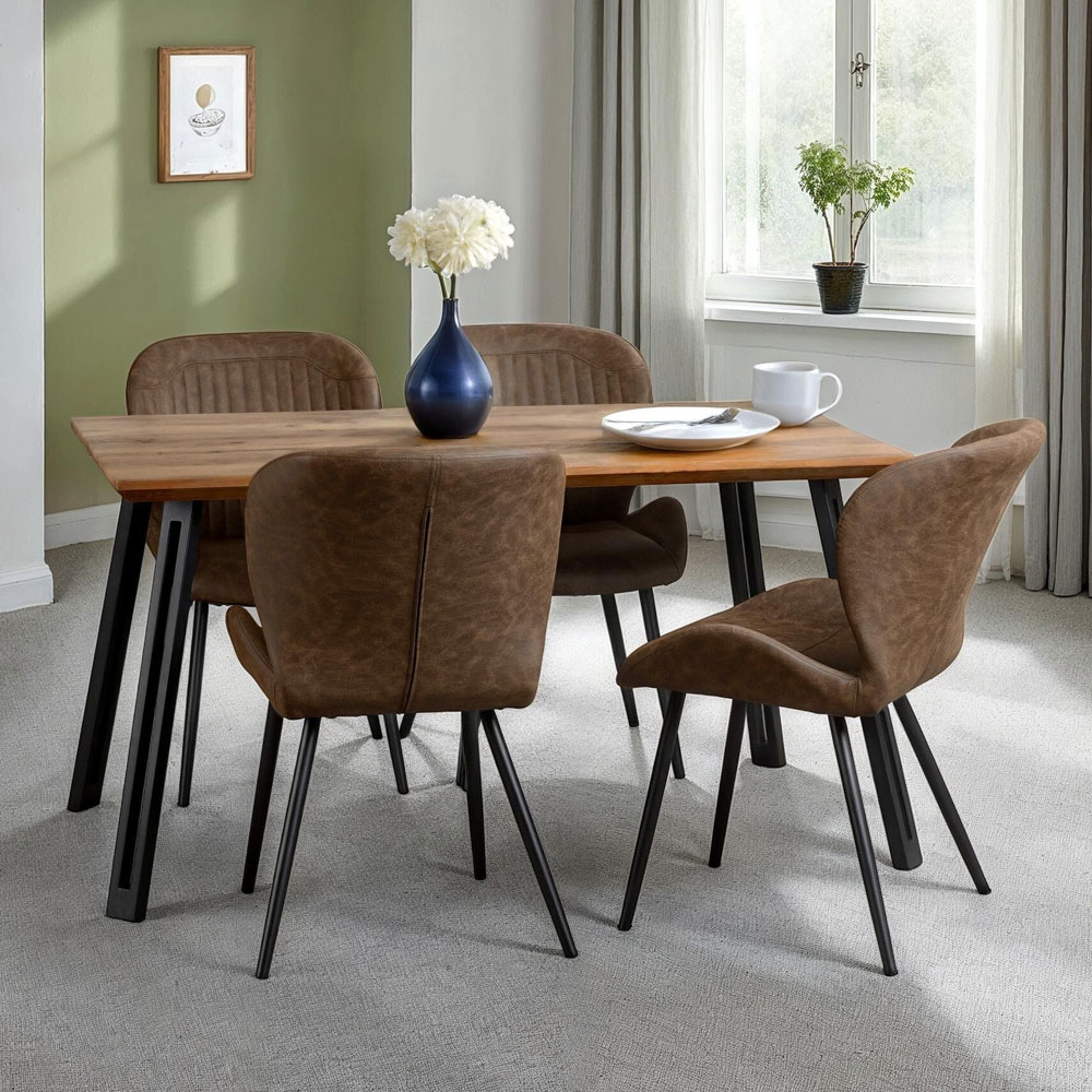 Qinson Straight Edge Oak Wooden Dining Table with 4 Brown Faux Leather Chairs