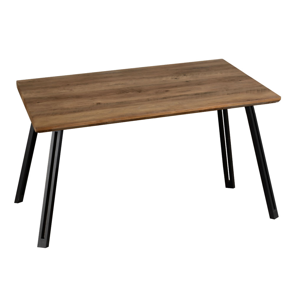 Qinson Straight Edge Oak Wooden Dining Table with 4 Brown Faux Leather Chairs
