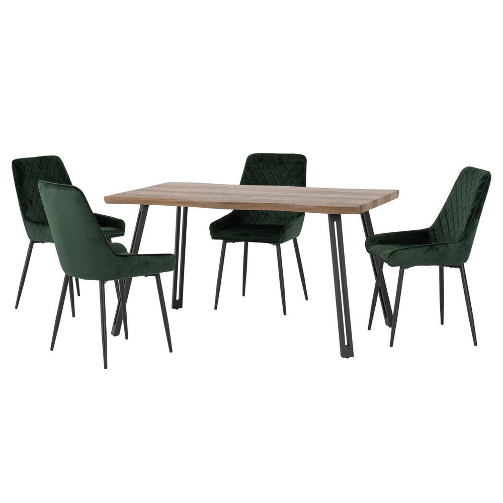 Qinson Wave Edge Oak Wooden Dining Table with 4 Avah Emerald Green Velvet Chairs