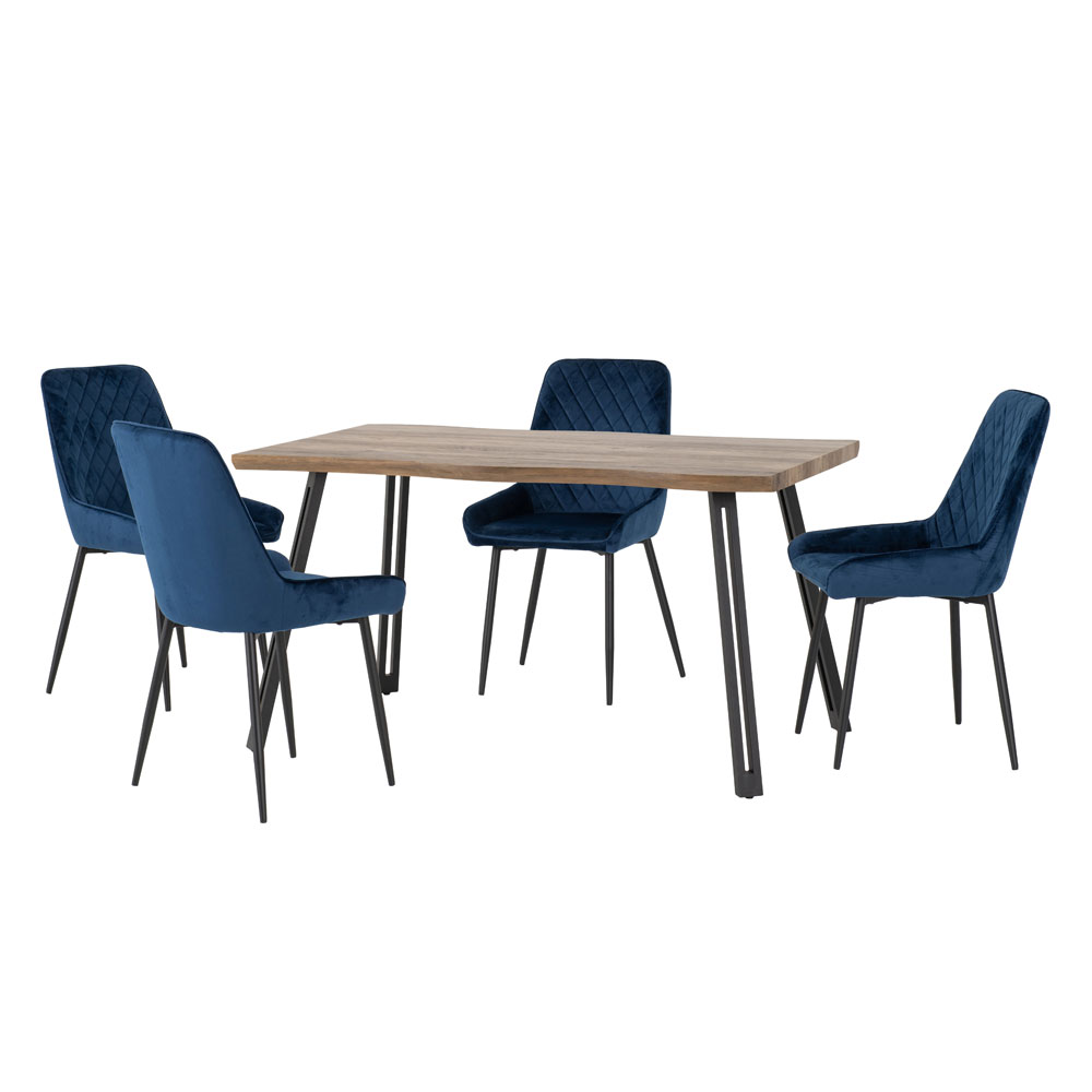 Qinson Wave Edge Oak Wooden Dining Table with 4 Avah Sapphire Blue Velvet Chairs