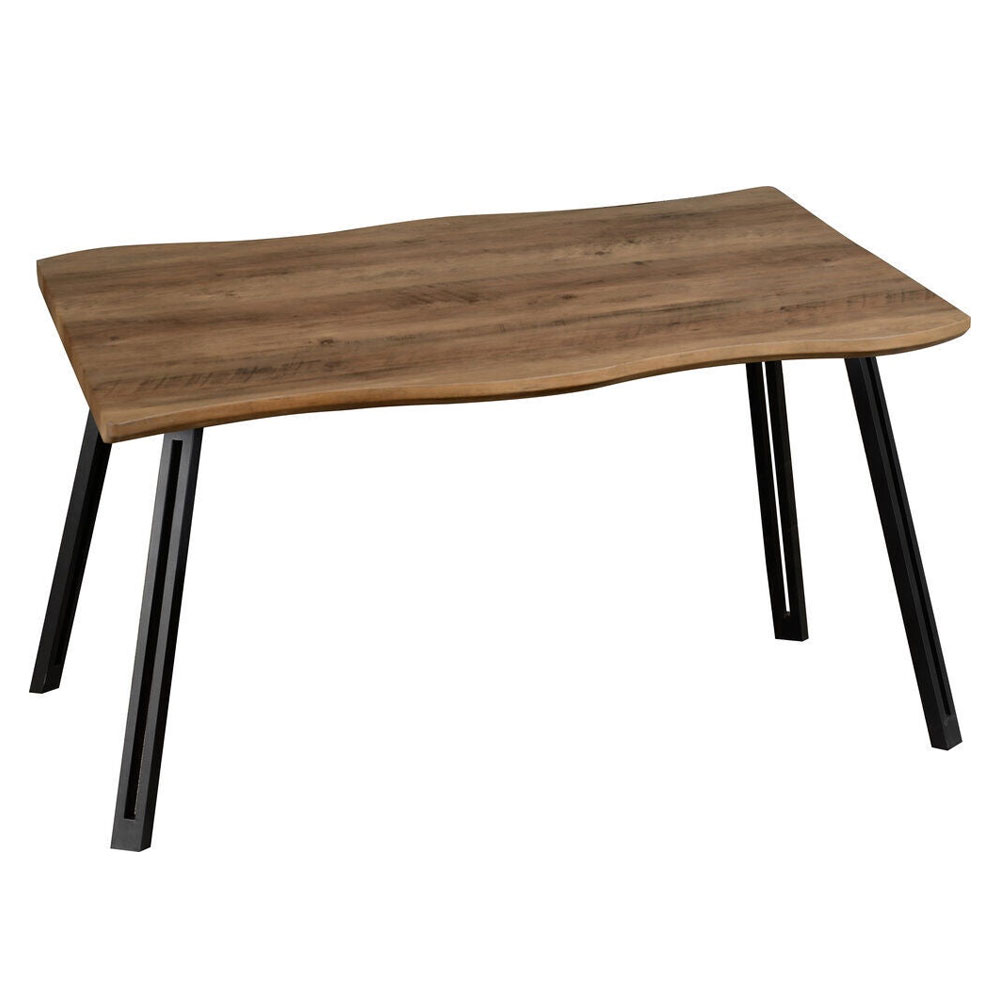 Qinson Wave Edge Oak Wooden Dining Table with 4 Brown Faux Leather Chairs