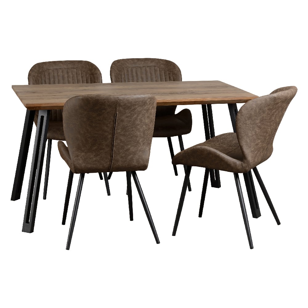 Read more about Qinson oak wooden dining table with 4 brown leather chairs