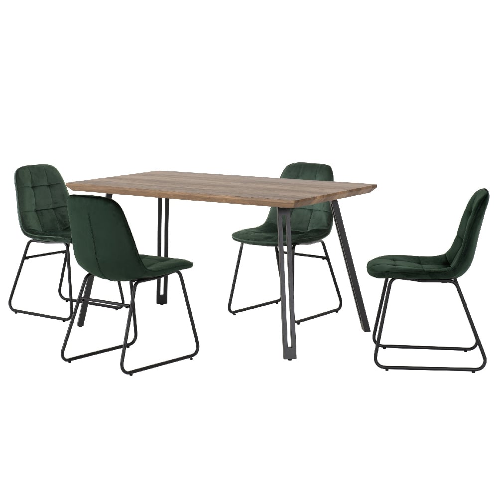Read more about Qinson oak wooden dining table with 4 lyster green chairs