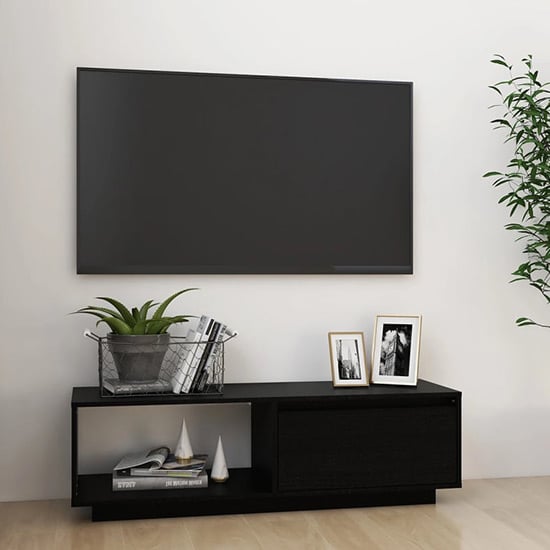 Product photograph of Quana Pinewood Tv Stand With 1 Door 1 Shelf In Black from Furniture in Fashion
