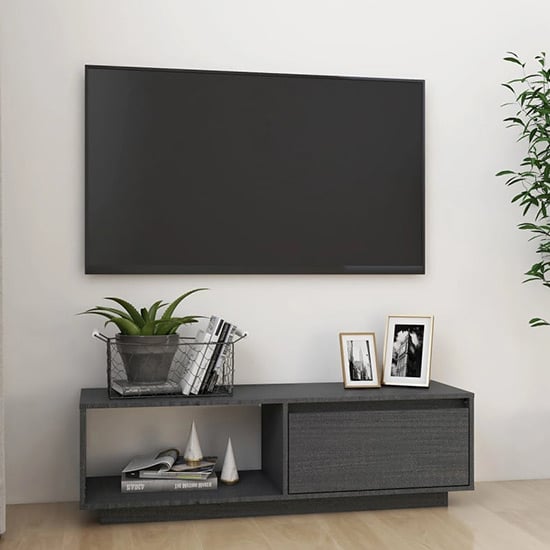 Read more about Quana pinewood tv stand with 1 door 1 shelf in grey