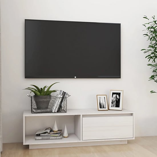 Product photograph of Quana Pinewood Tv Stand With 1 Door 1 Shelf In White from Furniture in Fashion