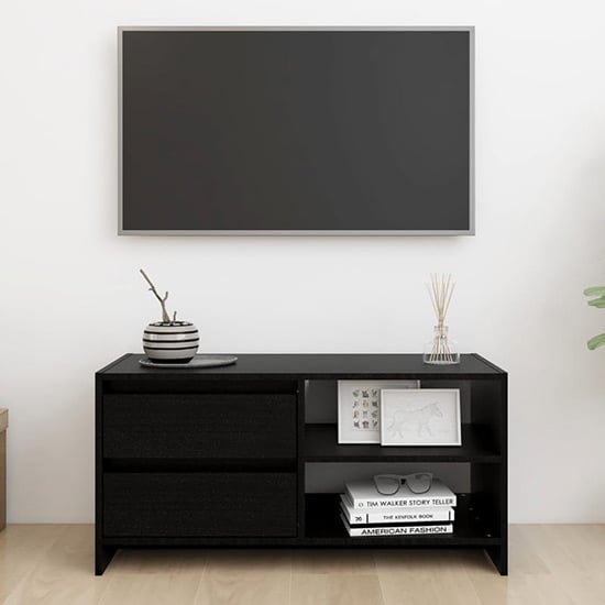 Product photograph of Quana Pinewood Tv Stand With 2 Doors 1 Shelf In Black from Furniture in Fashion