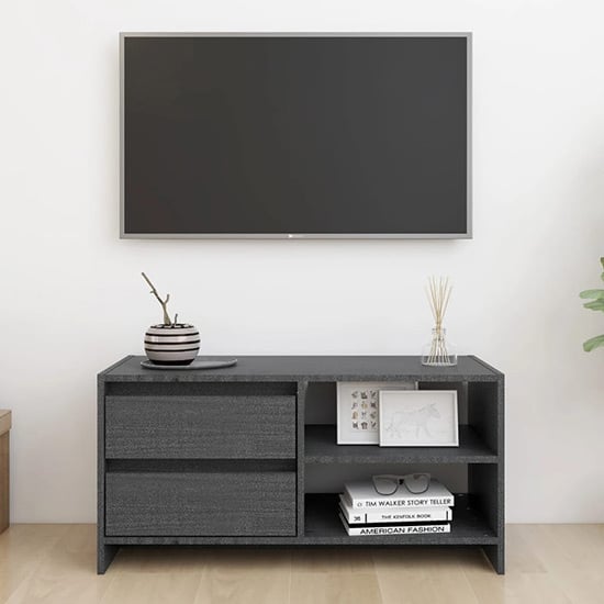Product photograph of Quana Pinewood Tv Stand With 2 Doors 1 Shelf In Grey from Furniture in Fashion