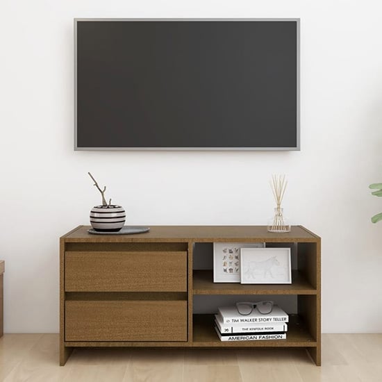 Product photograph of Quana Pinewood Tv Stand With 2 Doors 1 Shelf In Honey Brown from Furniture in Fashion
