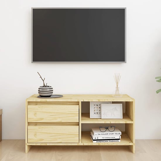 Product photograph of Quana Pinewood Tv Stand With 2 Doors 1 Shelf In Natural from Furniture in Fashion