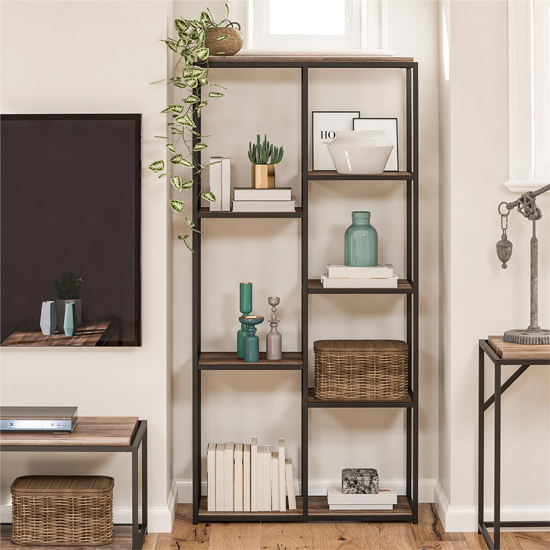 Quebec Wooden Bookcase With 5 Shelves In Weathered Oak