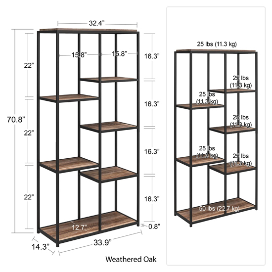 Quebec Wooden Bookcase With 5 Shelves In Weathered Oak