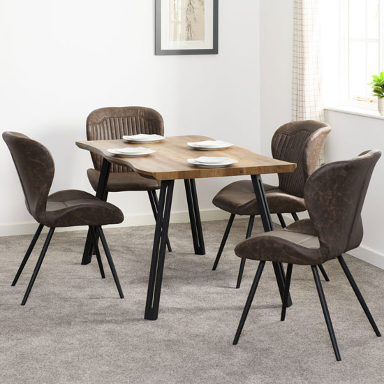 Qinson Wooden Wave Edge Dining Set With 4 Leather Dining Chairs