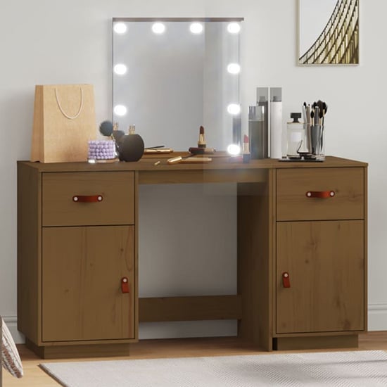 Photo of Quella pinewood dressing table in honey brown with led lights