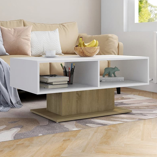 Photo of Quenti wooden coffee table with shelves in white and sonoma oak