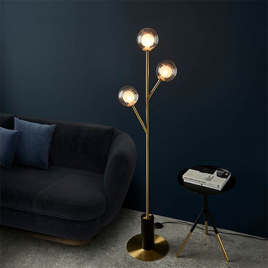 Photo of Quincy 3 lights glass shade floor lamp in satin brass
