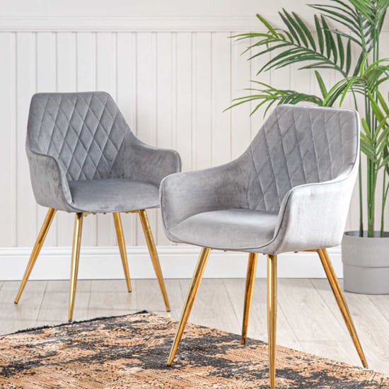 Product photograph of Quincy Grey Velvet Dining Chairs With Gold Legs In Pair from Furniture in Fashion