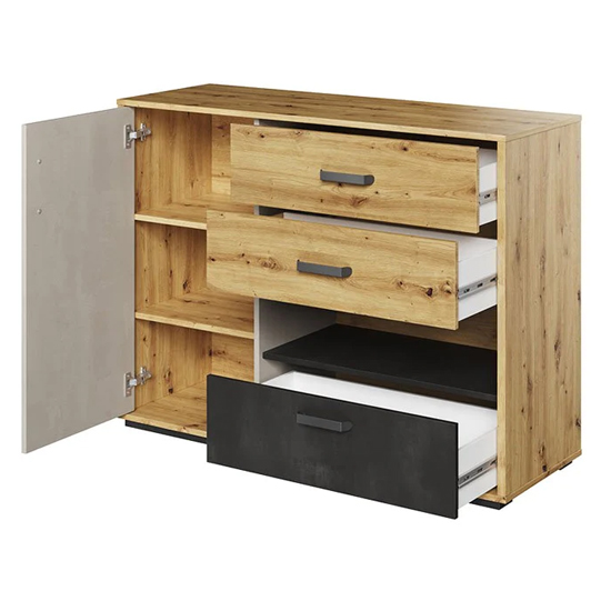 Quincy Kids Sideboard 1 Door 3 Drawers In Artisan Oak And LED