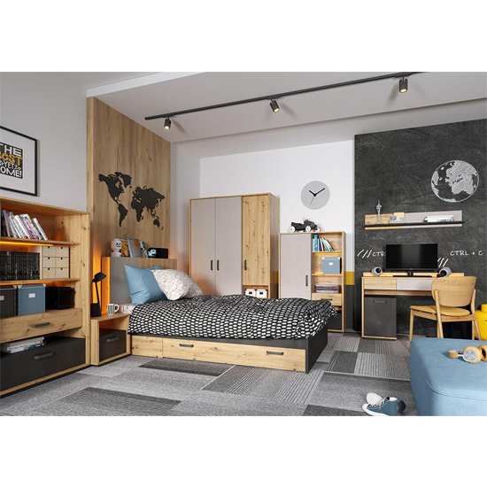 Quincy Kids Sideboard 1 Door 3 Drawers In Artisan Oak And LED