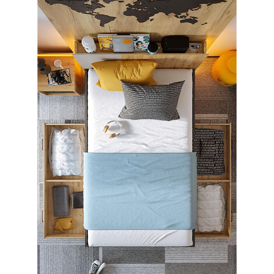Quincy Kids Wooden Single Bed 2 Drawers In Artisan Oak And LED