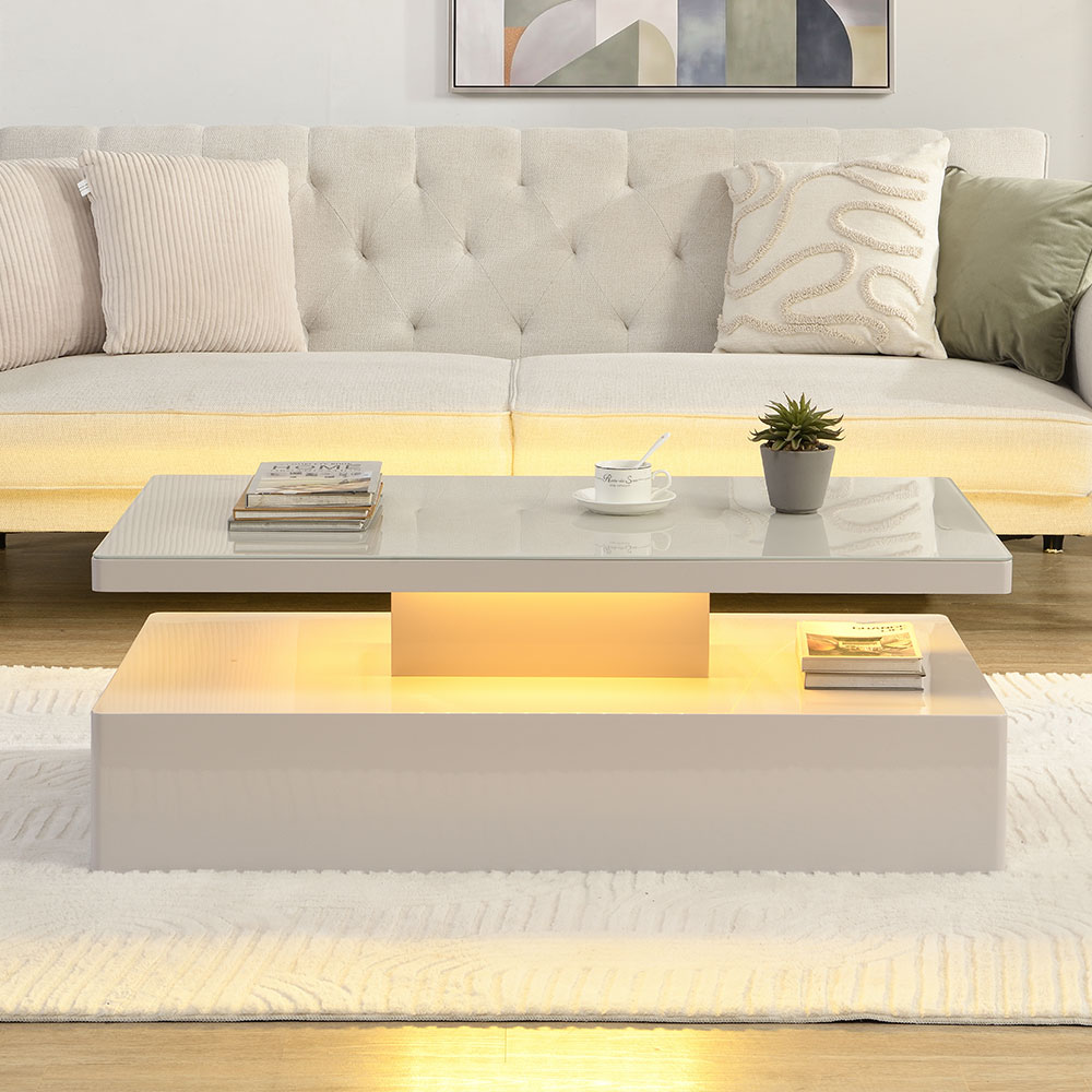 Quinton Glass Top High Gloss Coffee Table in Cashmere with LED
