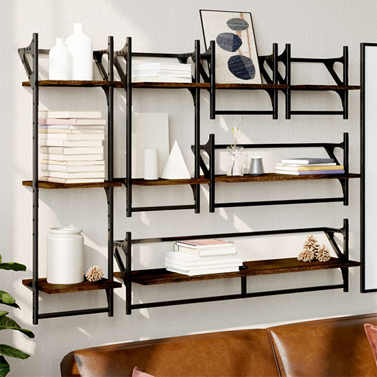 Read more about Quito wooden 6 piece set of wall shelf in brown oak