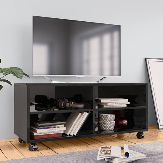 Qusay High Gloss TV Stand With Castors In Black_1