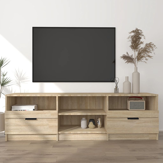 Qusay Wooden TV Stand With 2 Drawers In Sonoma Oak