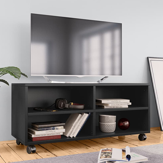 Qusay Wooden TV Stand With Castors In Black_1