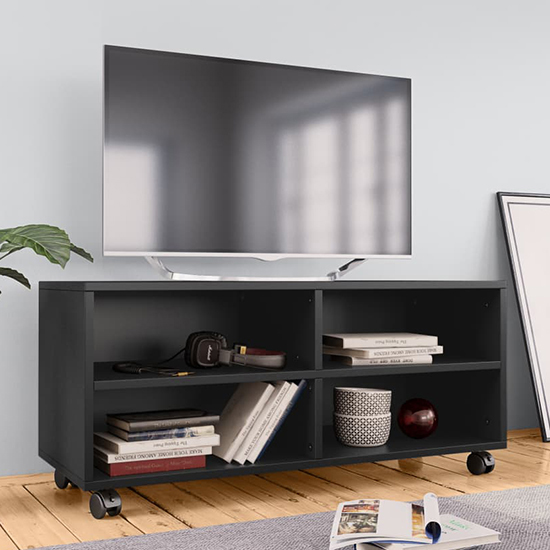 Qusay Wooden TV Stand With Castors In Black Furniture in Fashion