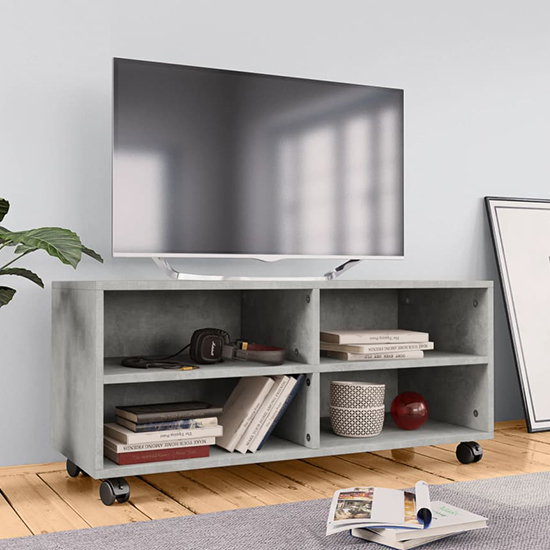 Qusay Wooden TV Stand With Castors In Concrete Effect Furniture in Fashion