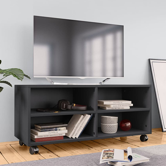 Qusay Wooden TV Stand With Castors In Grey Furniture in Fashion