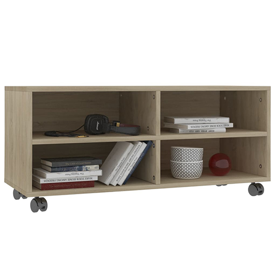 Qusay Wooden TV Stand With Castors In Sonoma Oak