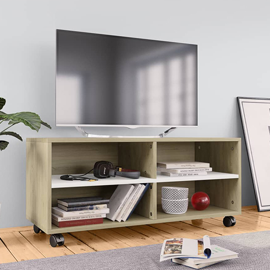 Qusay Wooden TV Stand With Castors In White And Sonoma Oak Furniture in Fashion