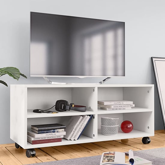 Qusay Wooden TV Stand With Castors In White Furniture in Fashion